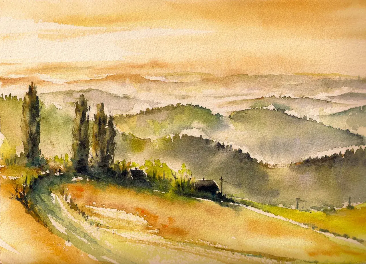 Paesaggio collinare con cipressi e case, reso con delicate velature di pittura ad acquerello che creano un'atmosfera sognante.