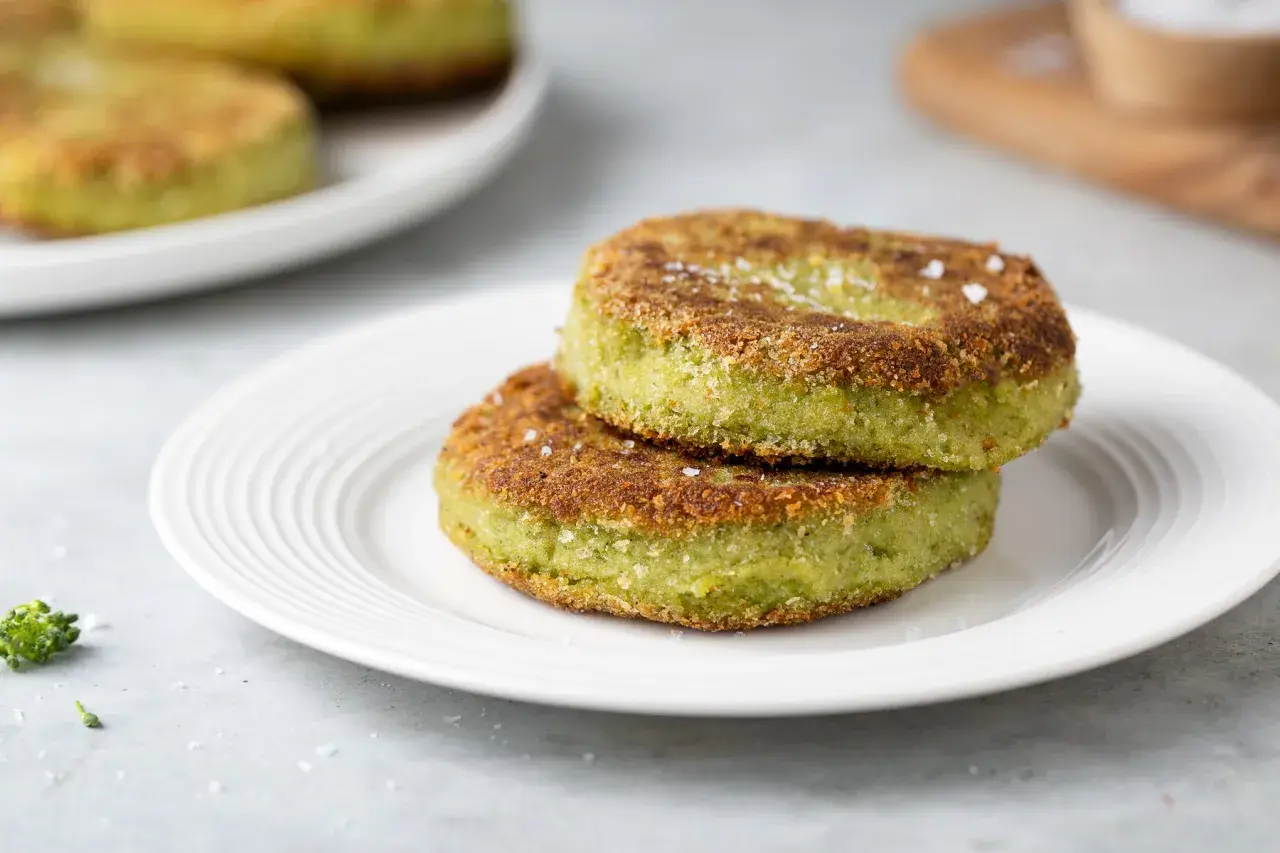 Due hamburger di broccoli dorati e croccanti, cosparsi di sale grosso, su un piatto bianco.