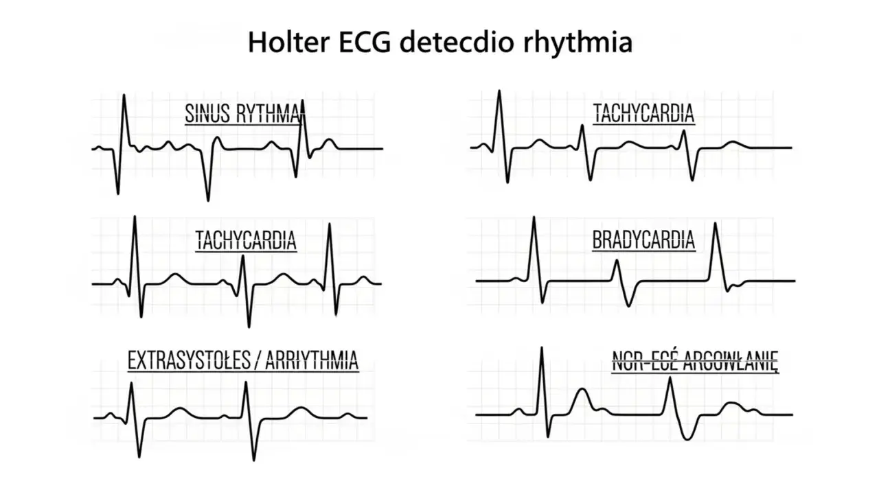Przykłady zapisu EKG z monitorowania Holterem: rytm zatokowy, tachykardia, bradykardia, ekstrasystole, arytmia.