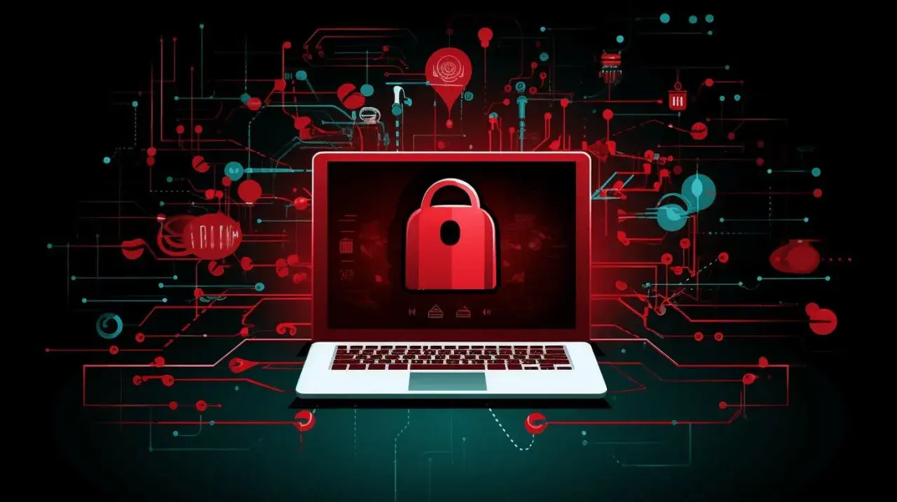 Laptop z czerwonym symbolem kłódki na ekranie, otoczony cyfrowym, futurystycznym obwodem. To wizualizacja bezpieczeństwa danych i ochrony przed cyberatakami.