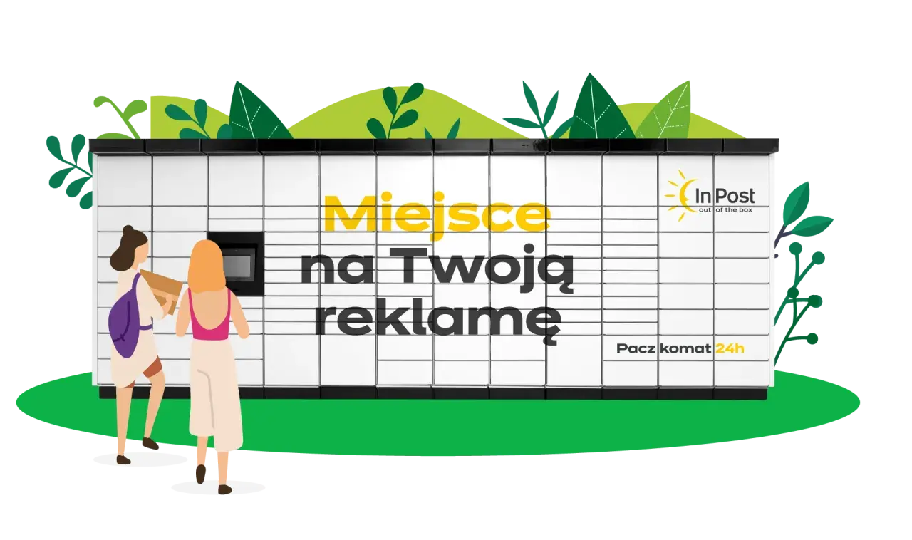 Paczkomat InPost z napisem "Miejsce na Twoją reklamę". Dwie kobiety odbierają paczkę. Idealne miejsce na reklamę firmy w internecie.