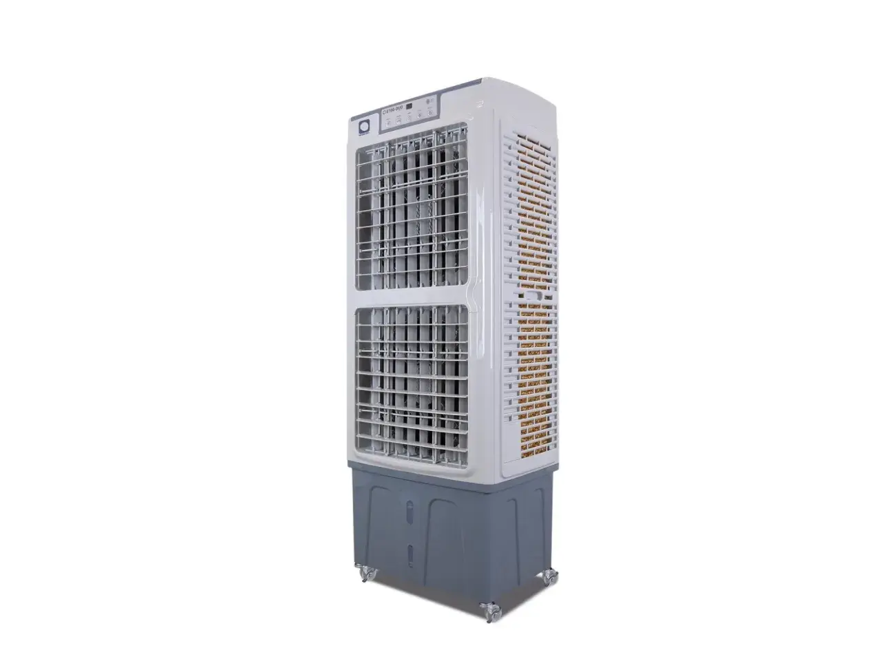 Climatizador evaporativo que es: un enfriador de aire vertical blanco y gris con rejillas frontales y laterales, sobre ruedas.