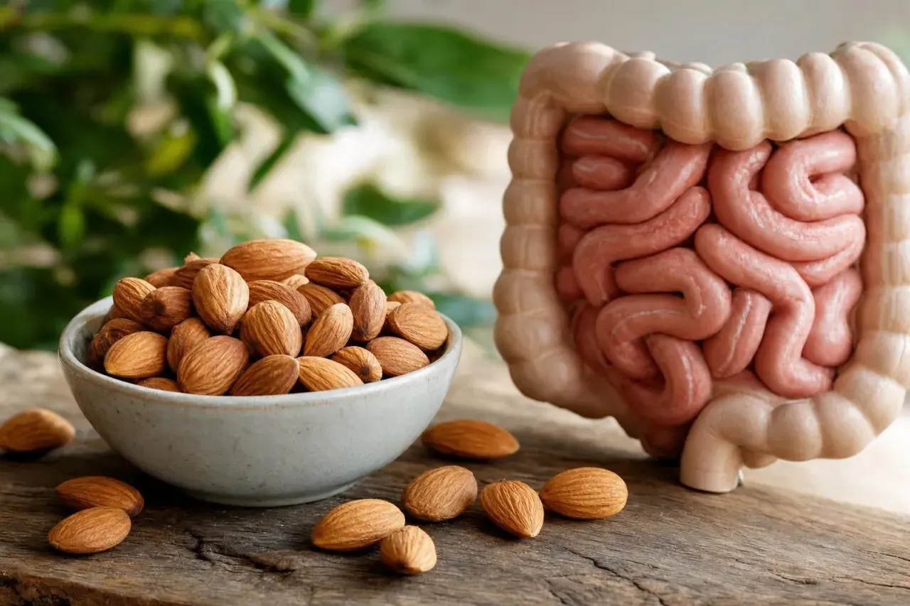 Mandorle in una ciotola accanto a un modello di intestino. Le mandorle fanno andare in bagno, grazie alle fibre che aiutano la digestione.
