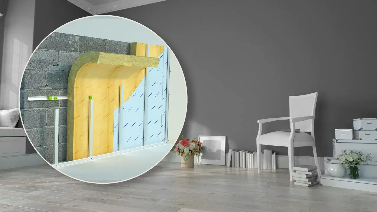 Dettaglio tecnico di un sistema di isolamento acustico per pavimenti, con strati di lana minerale e pannelli isolanti.