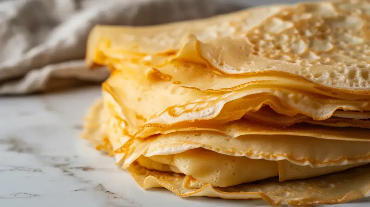 Pile de crêpes dorées et fines, parfaites pour un petit-déjeuner gourmand. Ces crêpes sans lait sont légères et délicieuses.