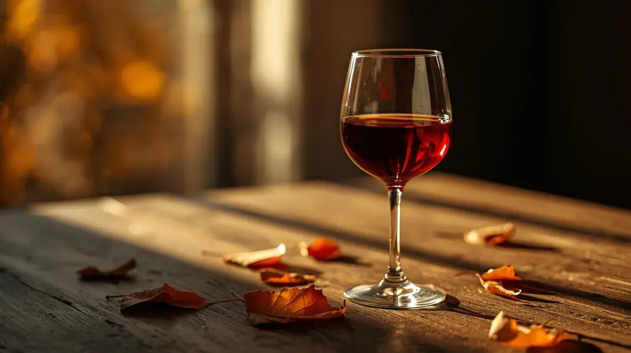 Ett glas rött vin står på ett träbord med höstlöv. Perfekt vin till pumpasoppa en kylig höstdag.