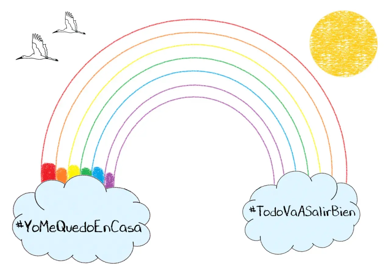 Un arcoiris para colorear con nubes, pájaros y el sol. En las nubes se lee: #YoMeQuedoEnCasa y #TodoVaASalirBien.