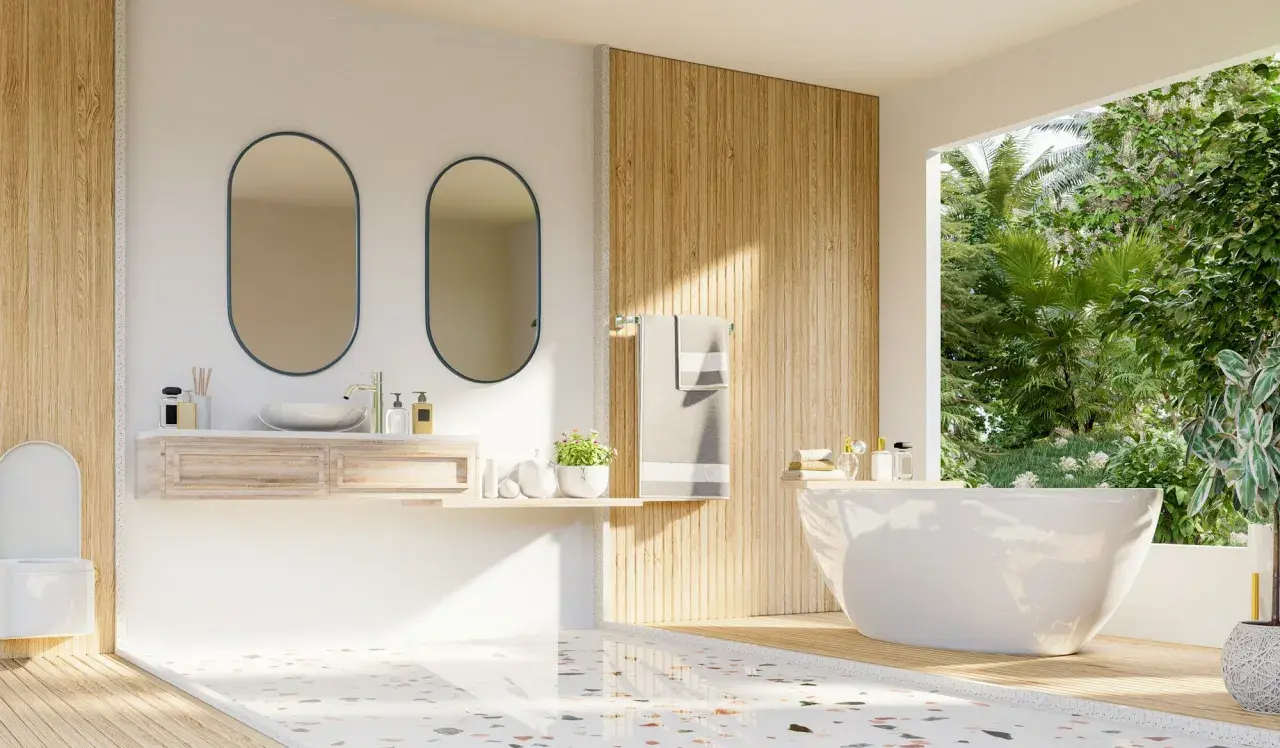Modernt badrum med fristående badkar, dubbla speglar och trädetaljer. Golvet har en mönstrad design som visar skillnad på kakel och klinker.