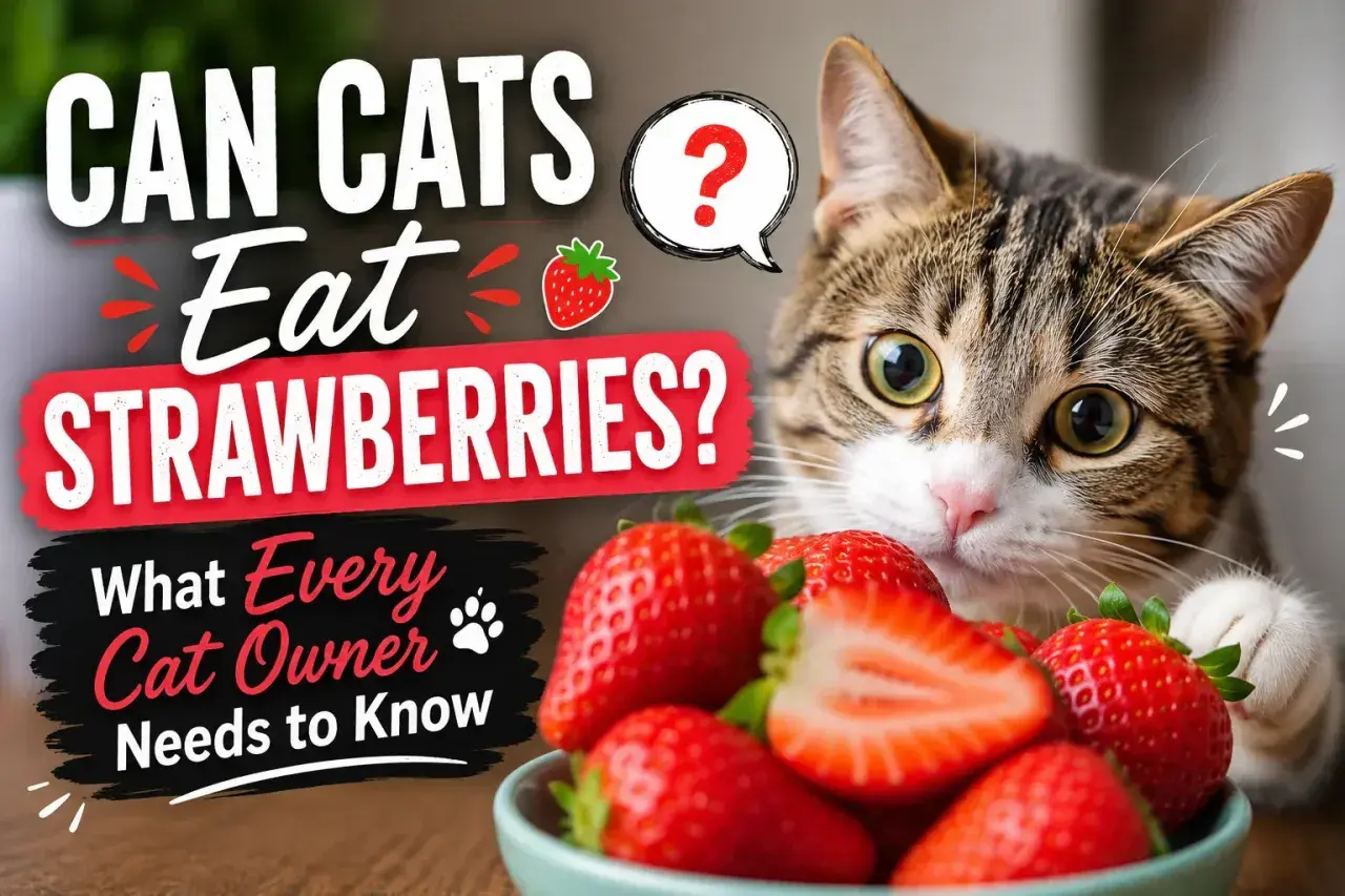Curious cat eyes a bowl of strawberries, asking "Can cats eat strawberries?" Learn what every cat owner needs to know about this fruity question.