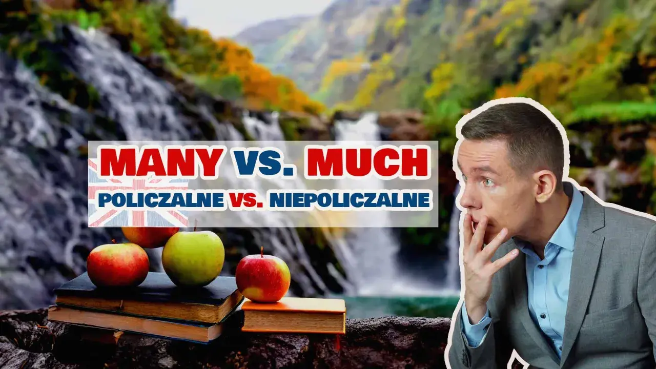Mężczyzna zastanawia się nad różnicą między "many" a "much", ucząc się o niepoliczalne rzeczowniki angielskie.