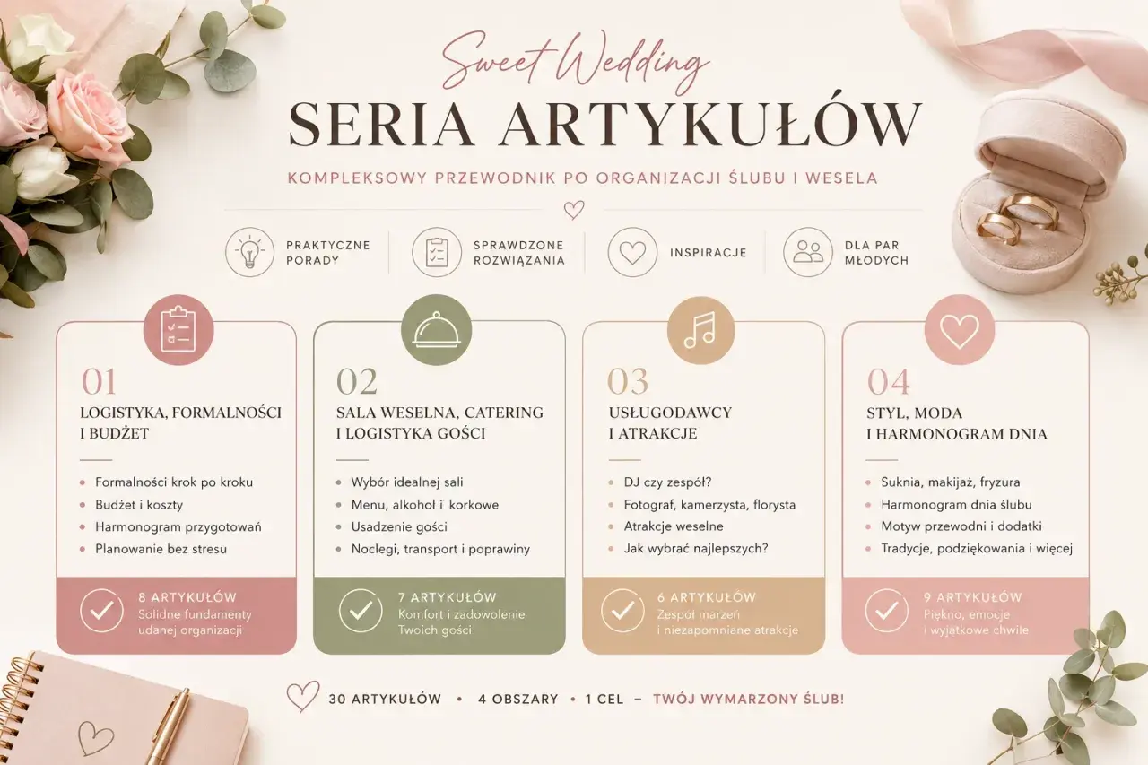 Przewodnik po przygotowaniach do ślubu: logistyka, sala, usługodawcy i styl. Wszystko, by Twój wymarzony ślub był idealny.