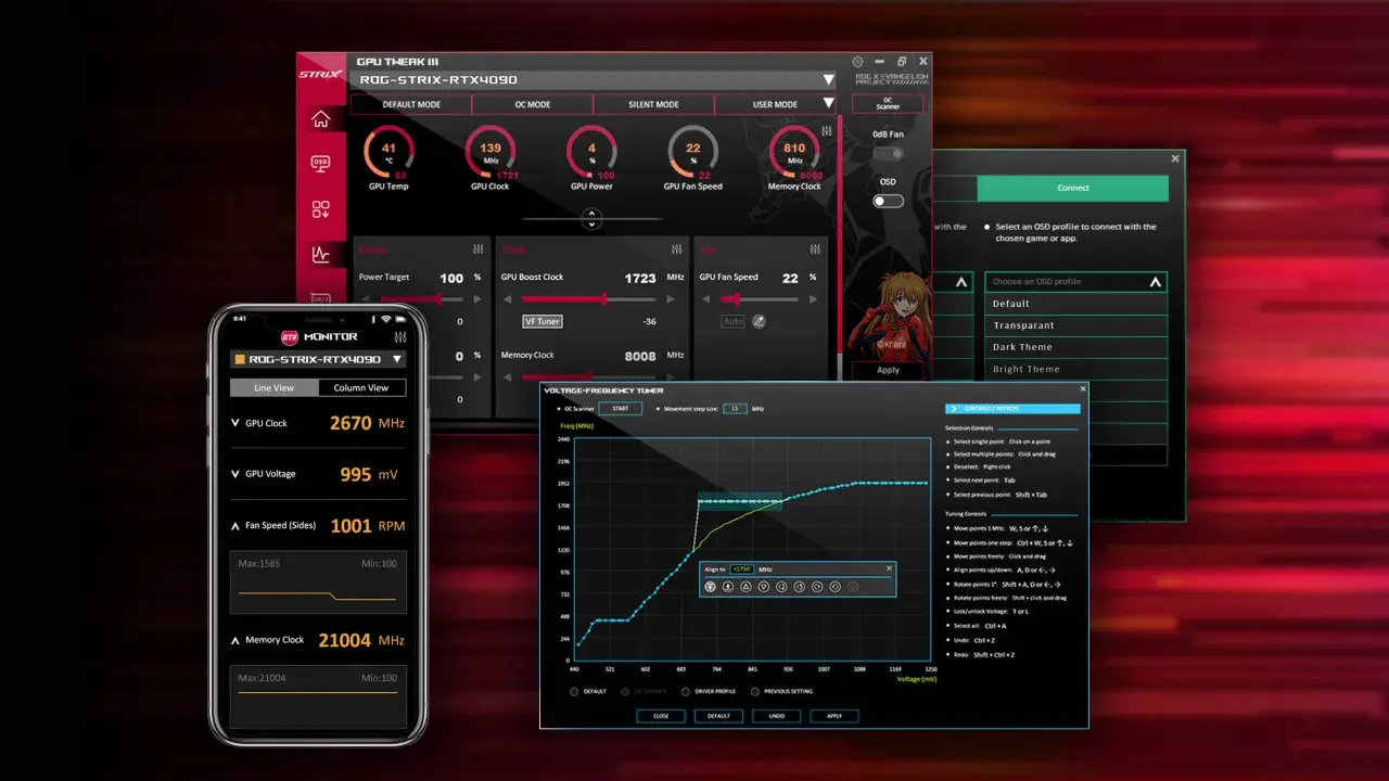 Logiciel pour l'overclocking carte graphique ROG-STRIX-RTX4090. Ajustement des fréquences et tensions pour optimiser les performances.