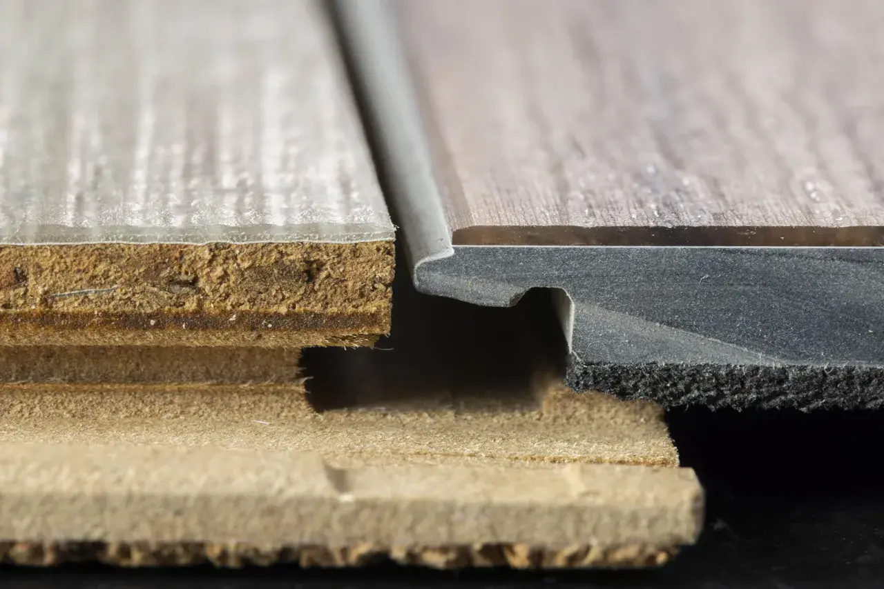 Detaljerad bild av golvets uppbyggnad visar hur vinylgolvets lager möts. En nackdel kan vara hur fukt kan tränga in i kärnan.