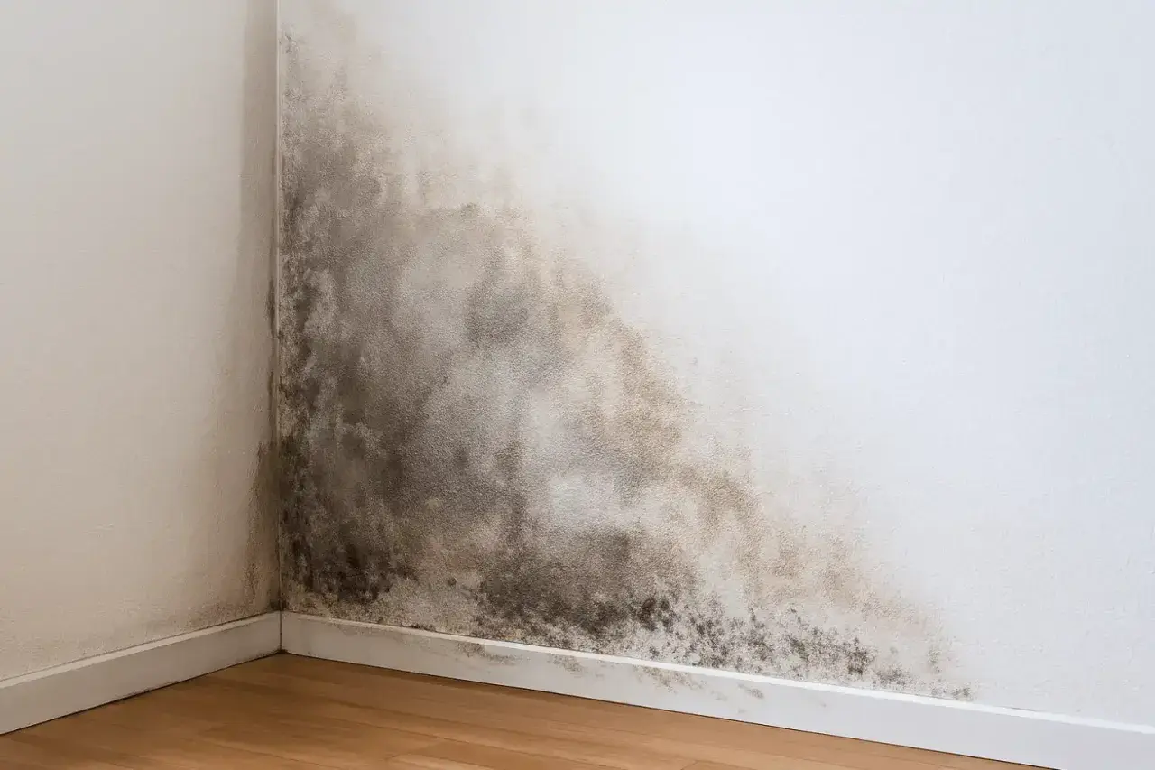 Schimmelbefall in einer Raumecke, deutet auf eine hohe Wandfeuchte von 25 Prozent hin.