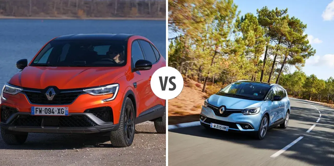 Pomarańczowy Renault Arkana vs. błękitny Scenic. Porównanie modeli, które mogą pomóc w wyborze, gdy liczą się renault arkana wymiary.