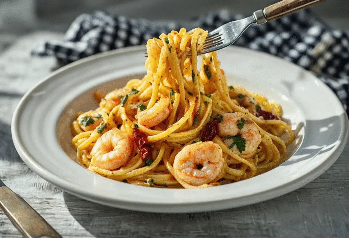 Espaguetis con gulas, gambas y guindilla, servidos en un plato blanco. Un tenedor levanta un bocado de pasta.