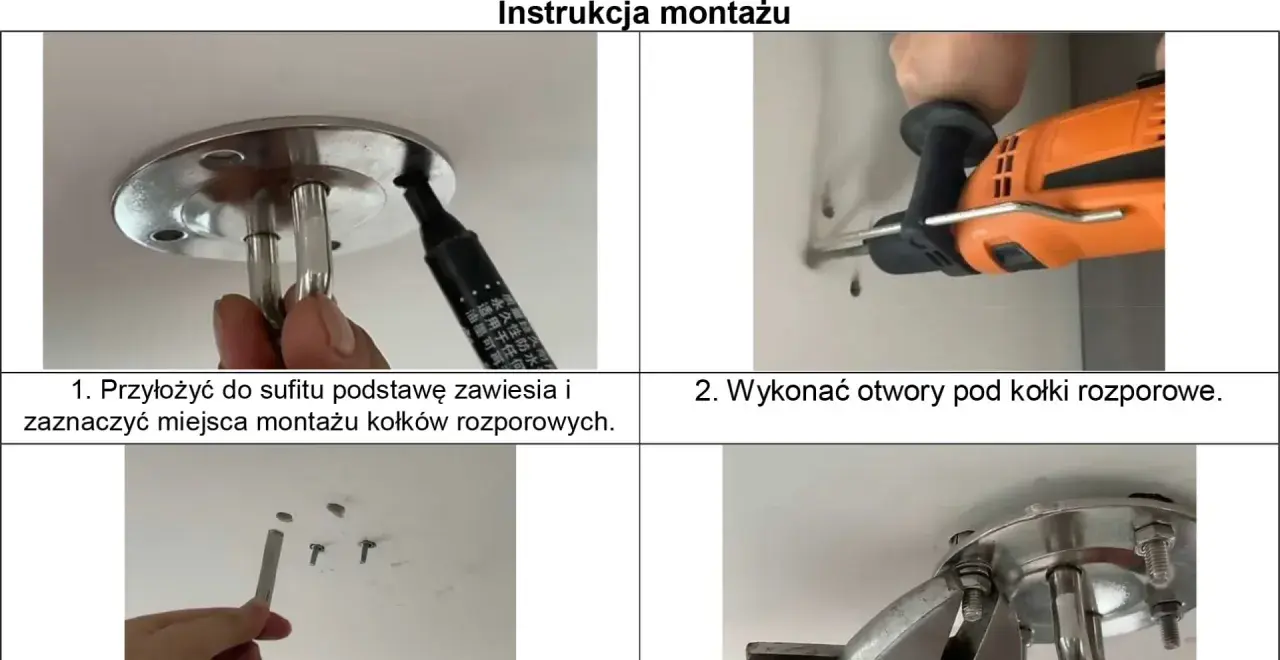 Instrukcja montażu huśtawki: zaznaczanie miejsc, wiercenie otworów, wkładanie kołków i przykręcanie.