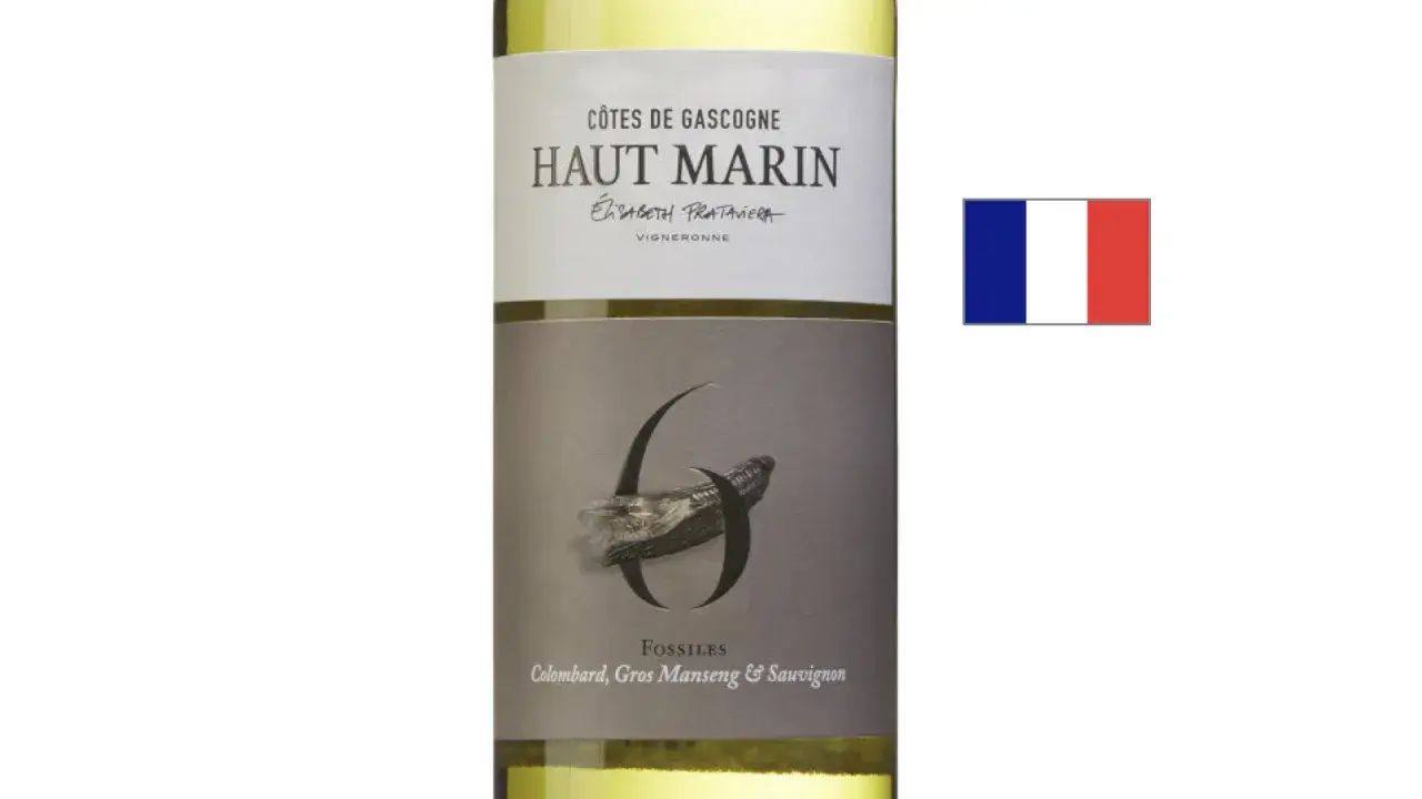 Haut Marin, ett vitt vin från Gascogne, perfekt vin till lax. Flaska med fransk flagga.