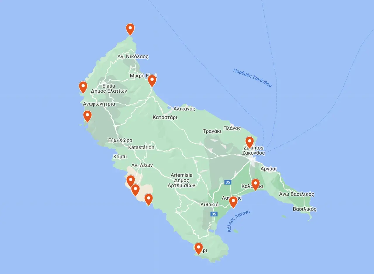 Mapa wyspy Zakynthos z zaznaczonymi punktami. Widoczne nazwy miejscowości: Zakintos, Laganas, Alykes.