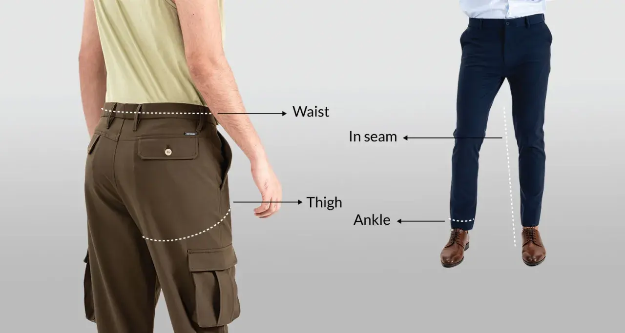 Diagram showing waist, thigh, in seam, and ankle measurements to help determine how to tell if pants are too tight.