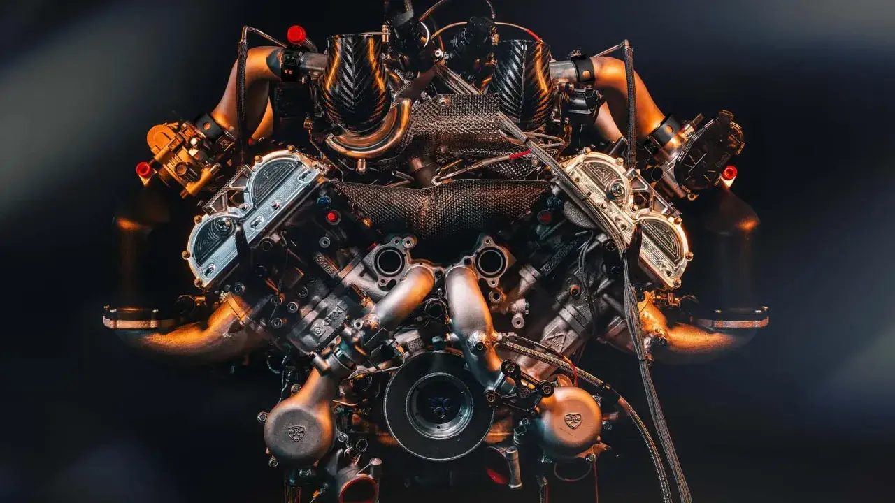 Potente motor de 12 cilindros con turbos y detalles en fibra de carbono, listo para desatar su furia.