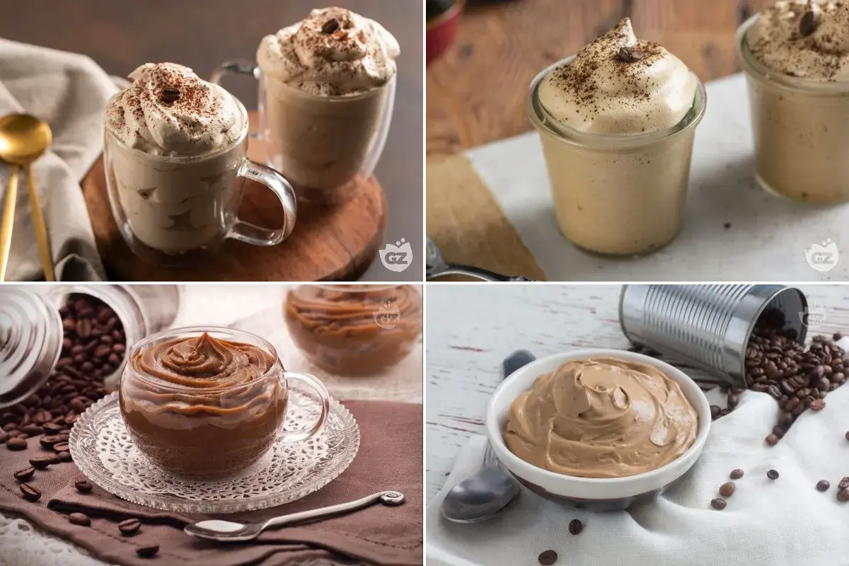 Quattro deliziose versioni di crema al caffè, alcune spolverate di cacao, altre con chicchi di caffè, in bicchieri e ciotole.