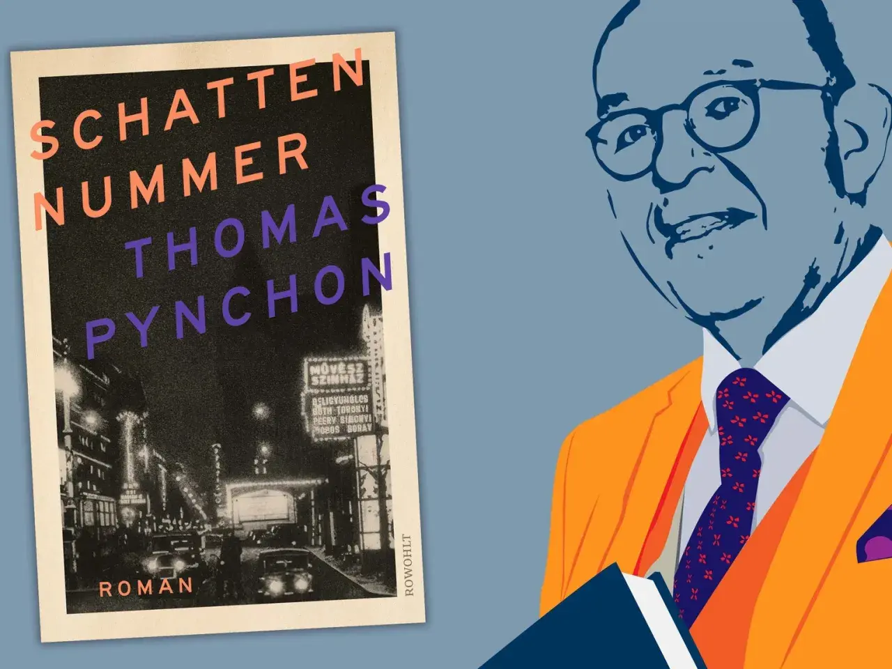 Buchcover "Schatten Nummer" von Thomas Pynchon neben einem Porträt des Autors.