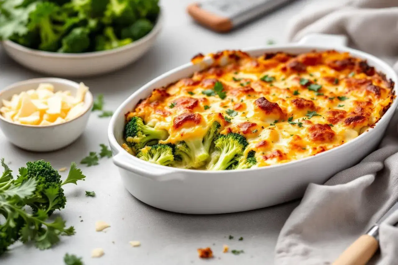 Un délicieux gratin de brocolis tout juste sorti du four, gratiné à souhait et parsemé de persil frais. À côté, un bol de fromage râpé et des bouquets de brocolis crus.