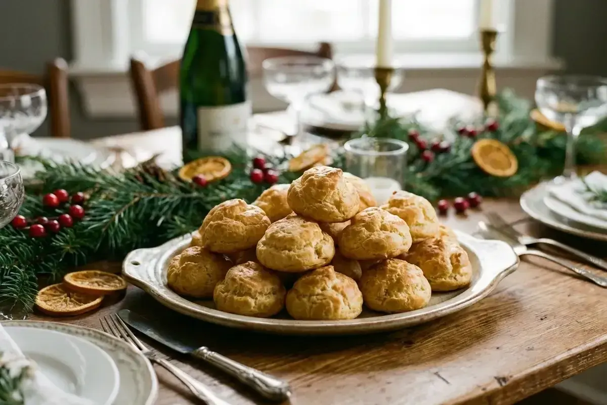 Pile de gougères au fromage dorées sur un plat, décorées de sapin et d'oranges séchées. Une table de fête prête à accueillir.