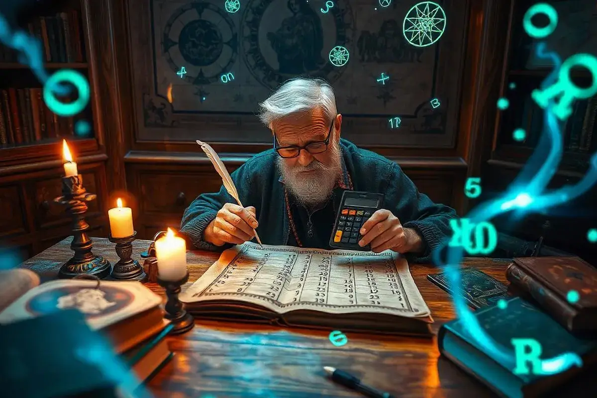 Starsza osoba z piórem i kalkulatorem zgłębia tajemnice numerologii 11, otoczona świecami i mistycznymi symbolami.