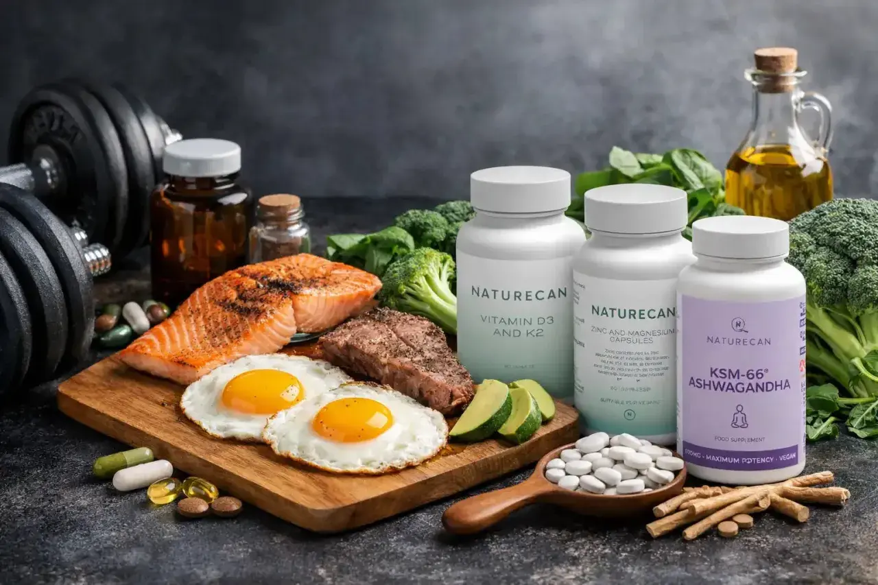 Zdrowa dieta i suplementy, co zwiększa testosteron: łosoś, jajka, steki, awokado, brokuły, oliwa, witaminy i ashwagandha.