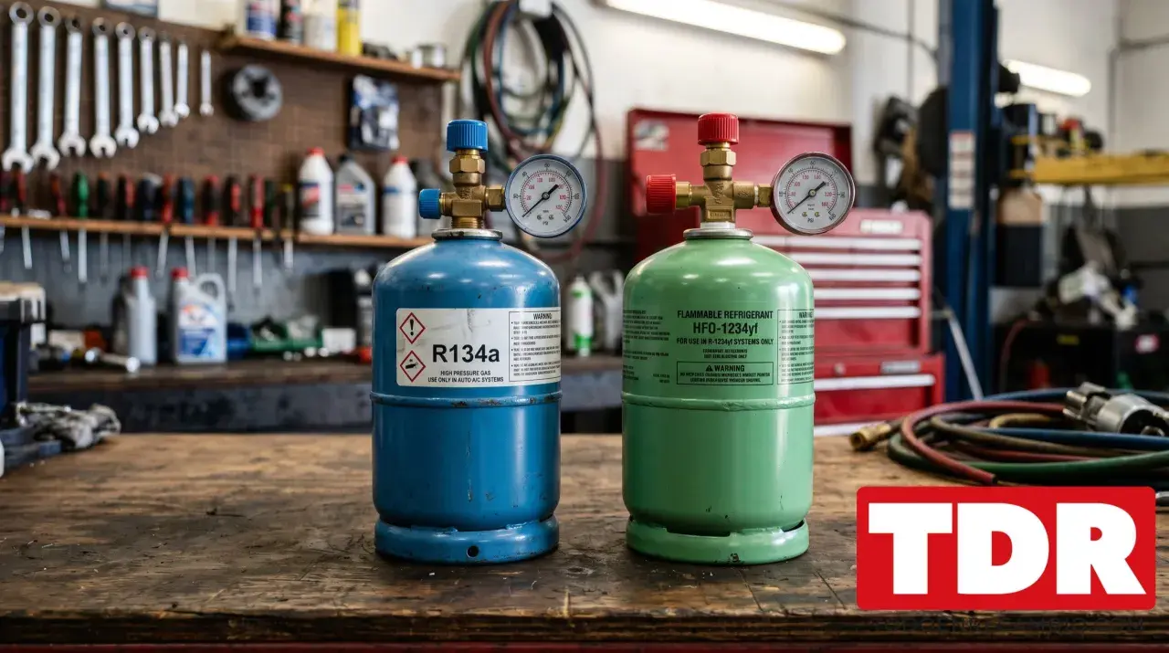 Dos cilindros de gas para cargar aire acondicionado, uno azul (R134a) y otro verde (HFO-1234yf), sobre un banco de trabajo.