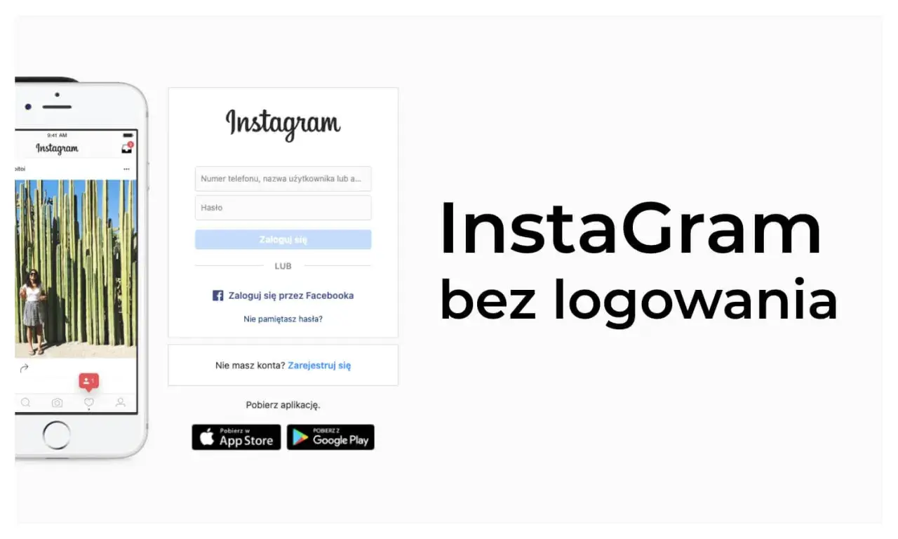 Telefon z Instagramem i formularz logowania. Tekst "Instagram bez logowania" sugeruje możliwość przeglądania treści bez konta.