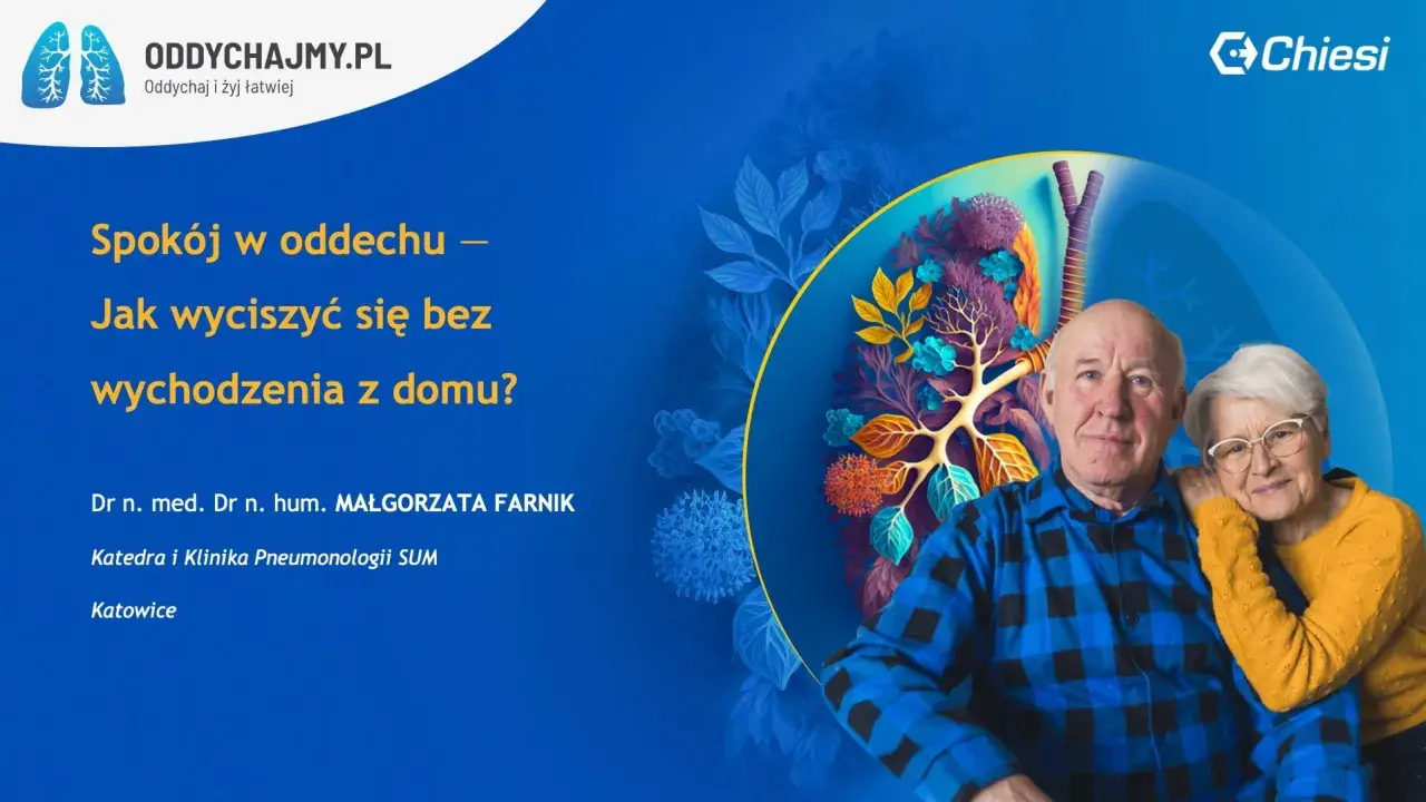 Starsze małżeństwo z troską o oddech. Grafika płuc i roślinności symbolizuje zdrowie. Głośny oddech może być sygnałem do działania.