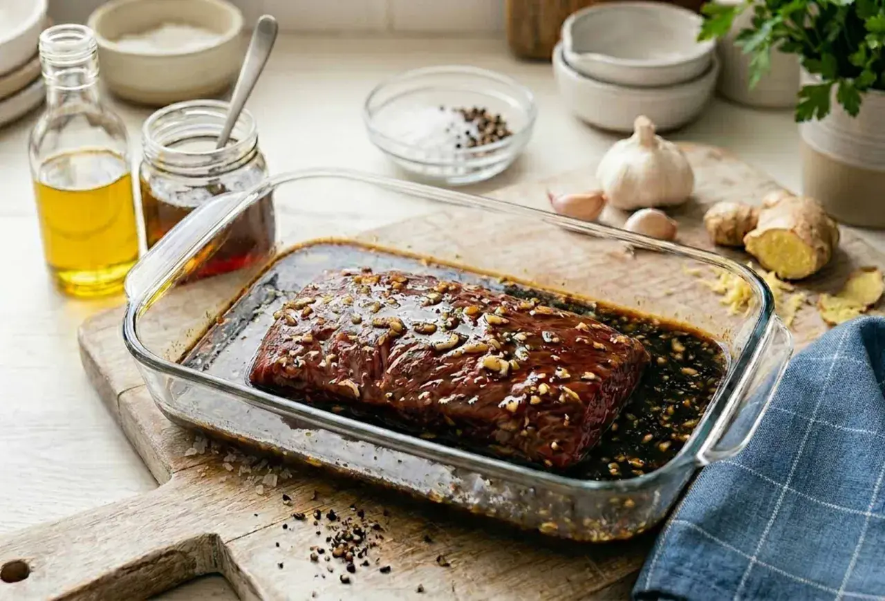 Un morceau de bœuf est plongé dans une marinade savoureuse, prêt à être cuit. Huile, ail, gingembre et épices sont les ingrédients clés de cette marinade boeuf.