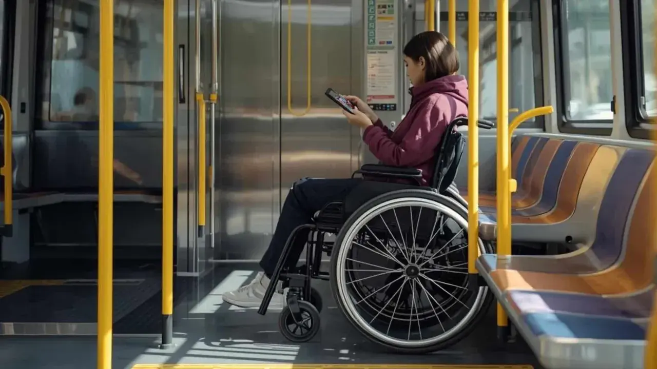 Kobieta na wózku inwalidzkim w autobusie, obok niej tablica informacyjna, która wyjaśnia, co oznaczają symbole na legitymacji osoby niepełnosprawnej.