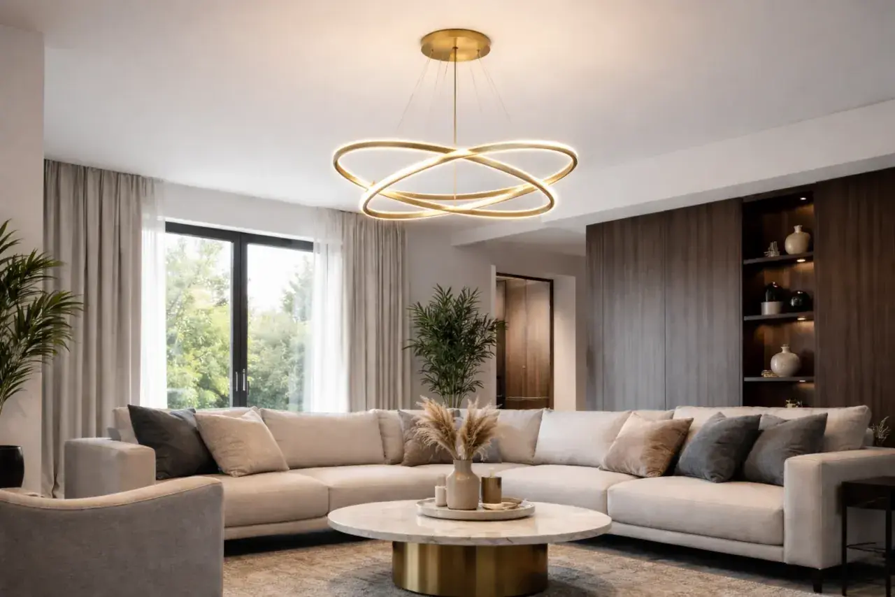 Nowoczesny salon z narożną sofą i okrągłym stolikiem. Centralnym punktem jest designerska lampa, która daje idealne światło, zastanawiasz się jaka moc żarówki led do salonu będzie najlepsza?
