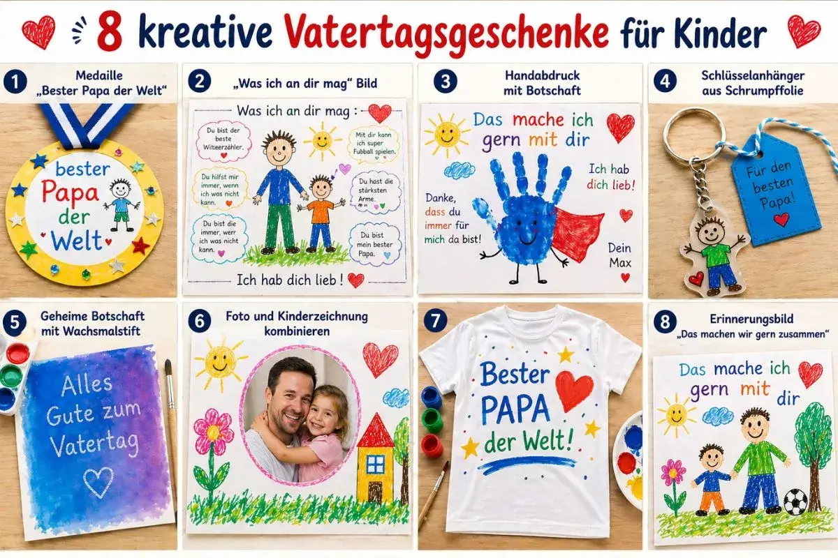 8 kreative Vatertagsgeschenke für Kinder: Medaille, Bild, Handabdruck, Schlüsselanhänger, geheime Botschaft, Foto-Kombi, T-Shirt und Erinnerungsbild. Tolle Ideen zum Basteln Vatertag Kinder!