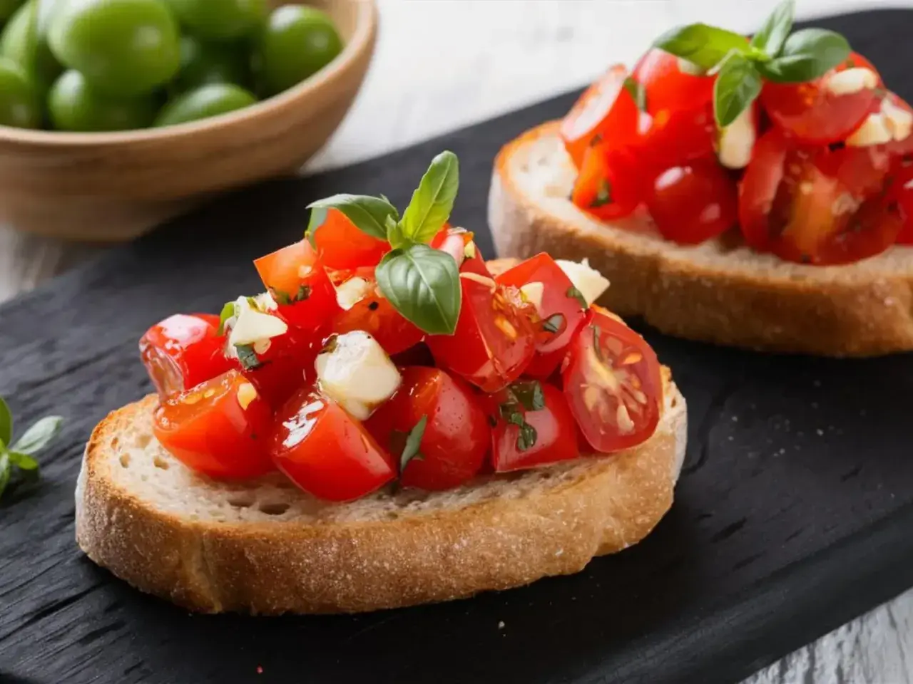 Deux bruschettas garnies de tomates fraîches, de mozzarella et de basilic, parfaites pour une recette facile.