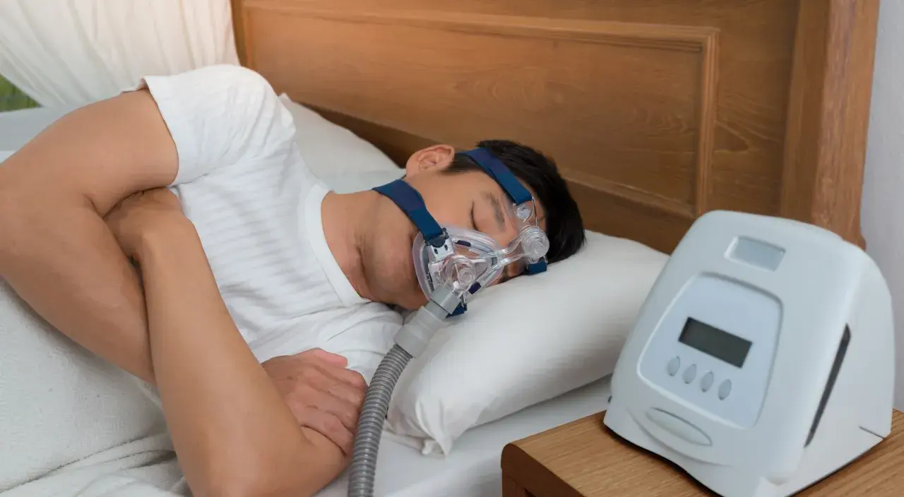 Mann schläft mit CPAP-Maske, um zu wenig Sauerstoff im Schlaf Symptome zu behandeln. Ein Gerät steht daneben.
