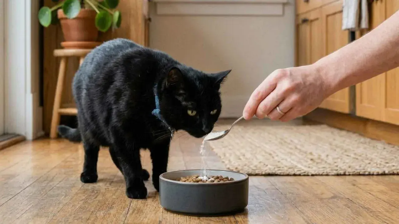 Un gato negro curioso huele una cuchara con suplemento de taurina que se añade a su comida.