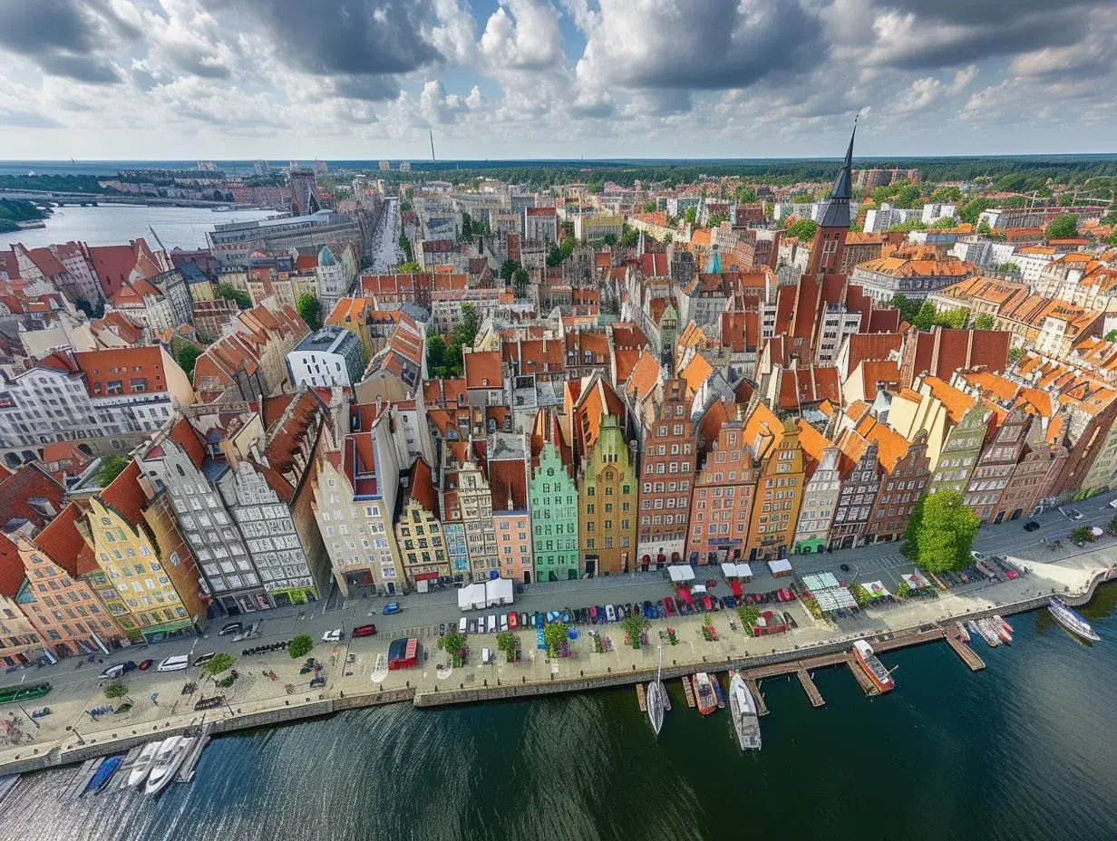Gdańsk podział na dzielnice: widok z lotu ptaka na kolorowe kamienice przy Motławie, z łodziami i statkami.