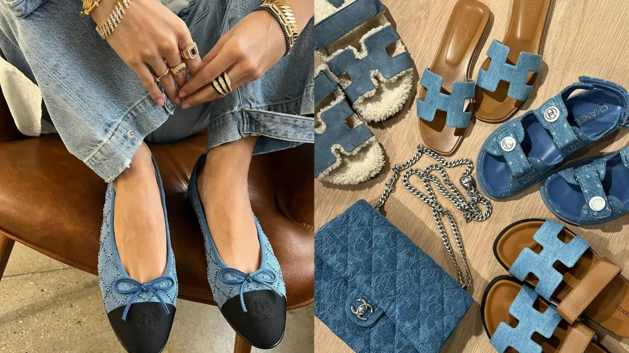 Collection de chaussures en jeans pour femme : ballerines Chanel, sandales Hermès et un sac matelassé.