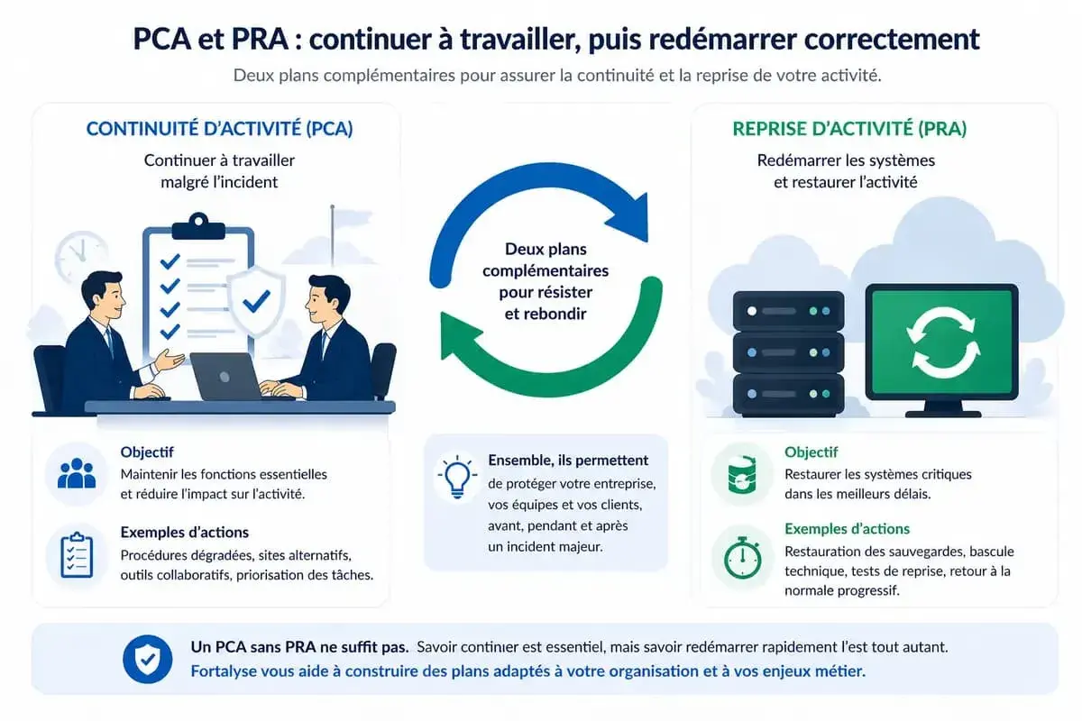 Illustration expliquant la résilience en cybersécurité avec les plans PCA et PRA pour assurer la continuité et la reprise d'activité.