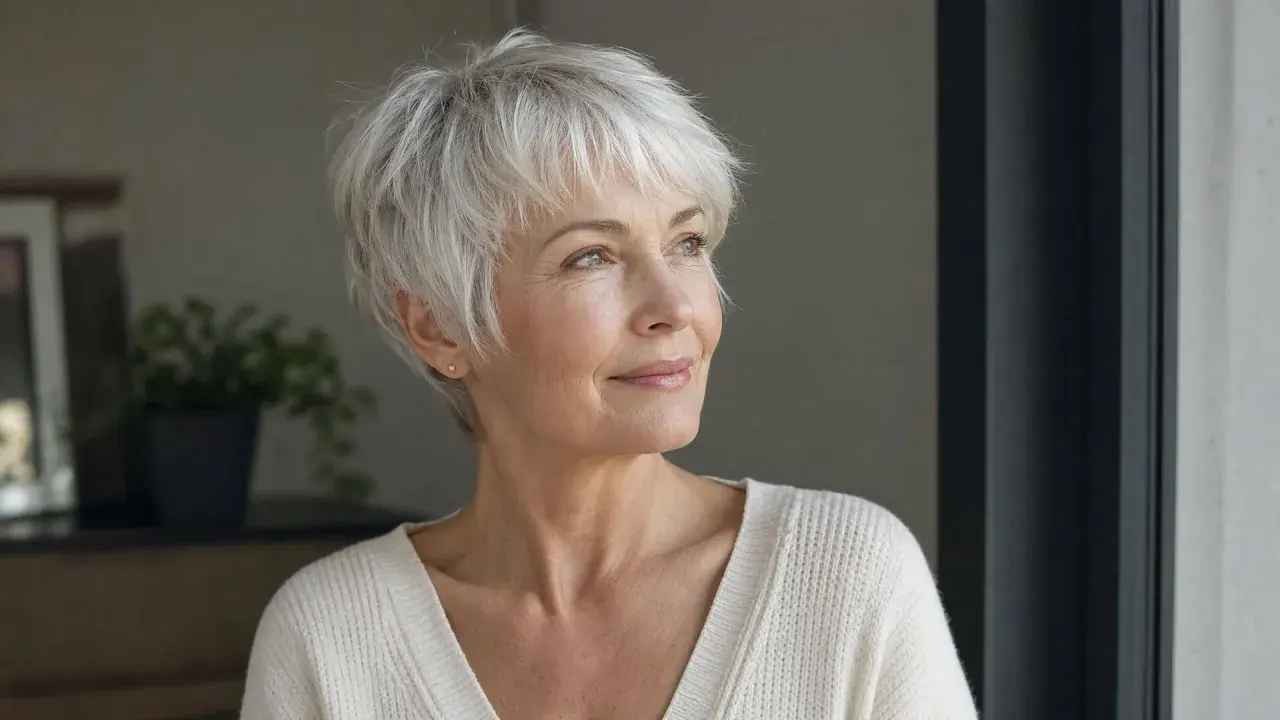Mujer con pelo corto blanco moderno, mirada serena y suéter de punto.