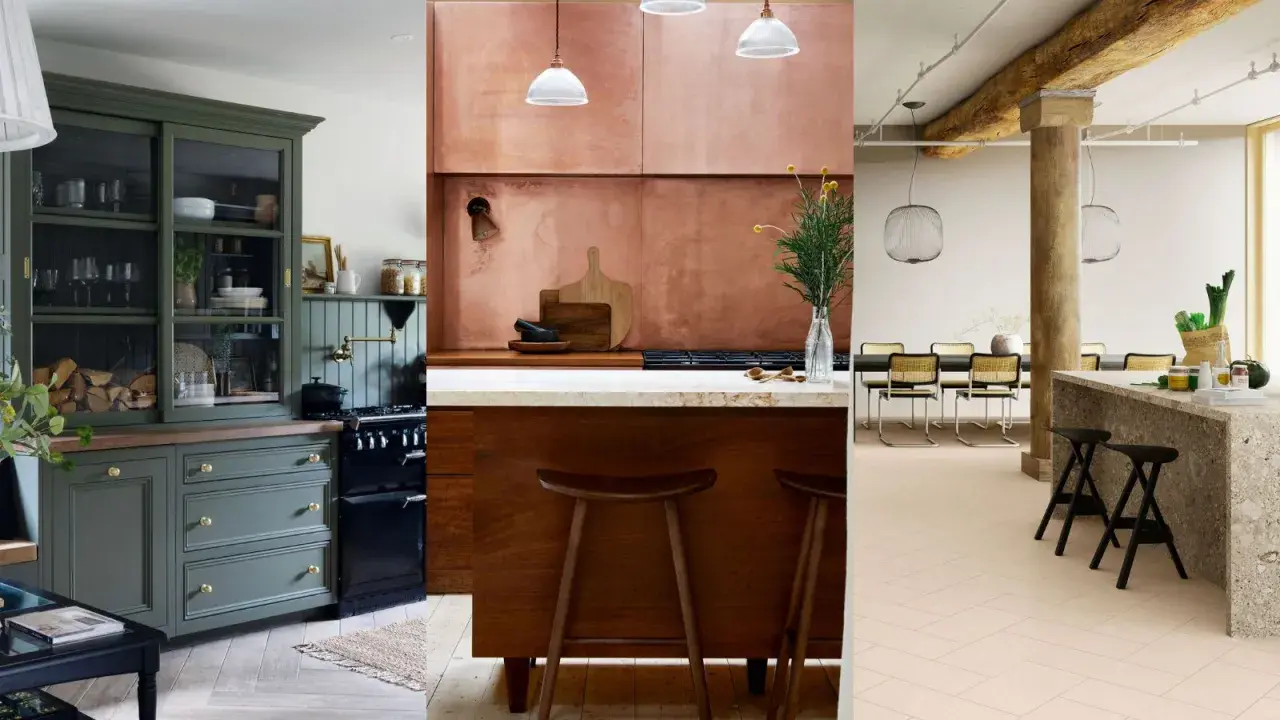 Three distinct kitchens showcase natural wood kitchen design: a sage green hutch, a copper-clad cooking area, and a modern space with exposed beams and a terrazzo island.