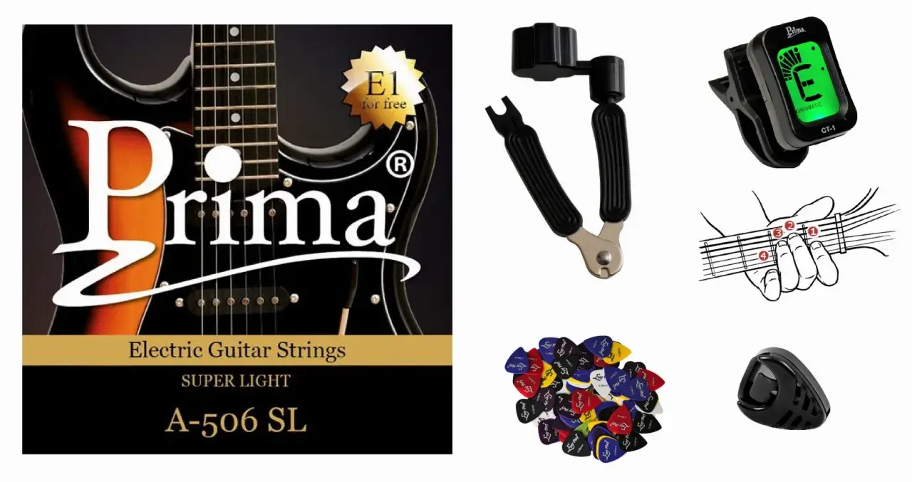 Zestaw do nauki, jak założyć struny do gitary elektrycznej: gitara, struny, klucz do naciągania, kostki, tuner i schemat chwytu.
