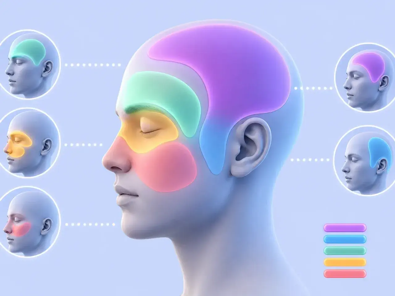 Illustration montrant les zones du visage et de la tête associées aux maux de tête, pour comprendre comment faire passer un mal de tête.