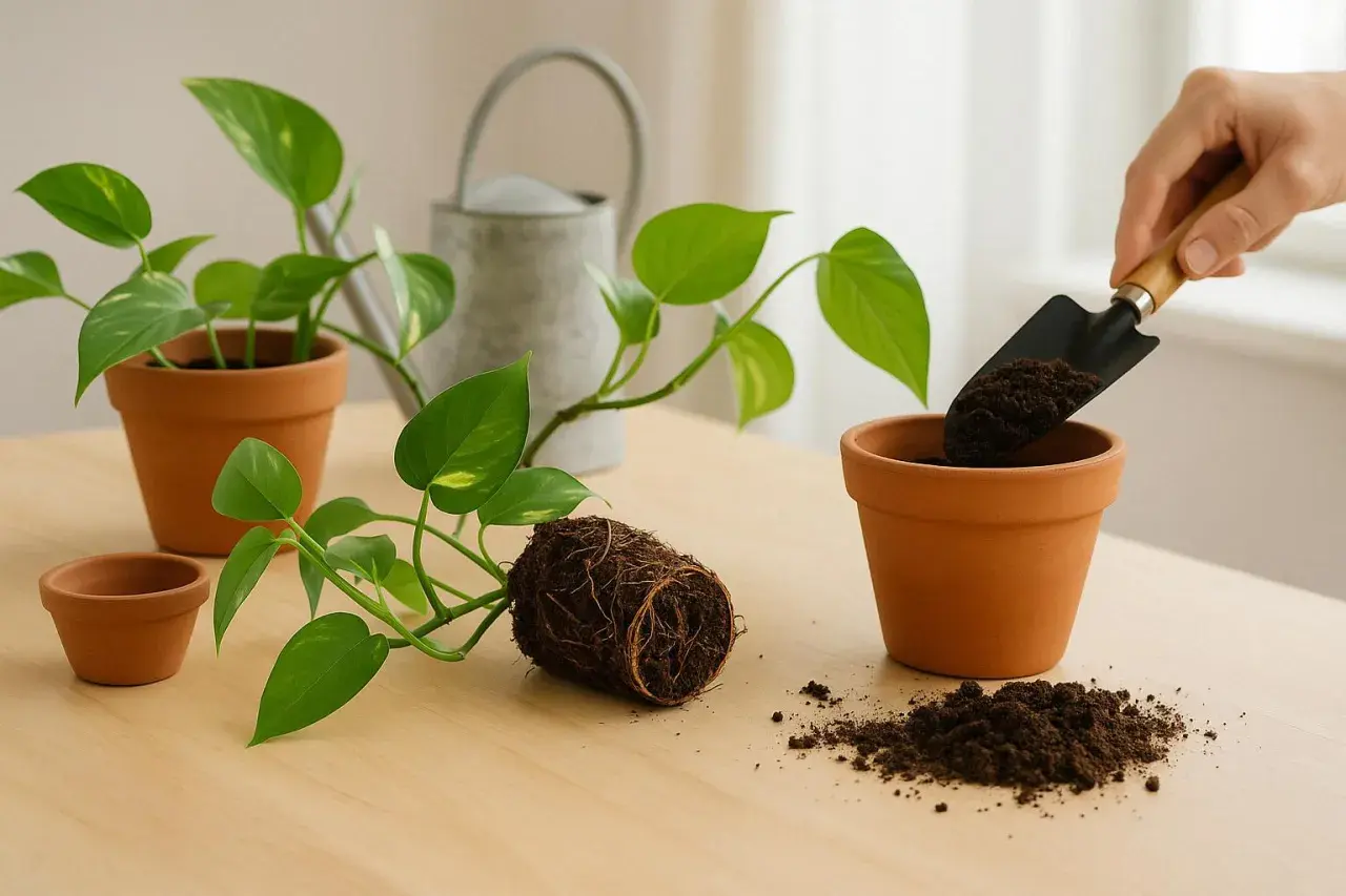 Umtopfen einer grünen pothos pflanze mit Wurzelballen und Erde auf einem Holztisch.