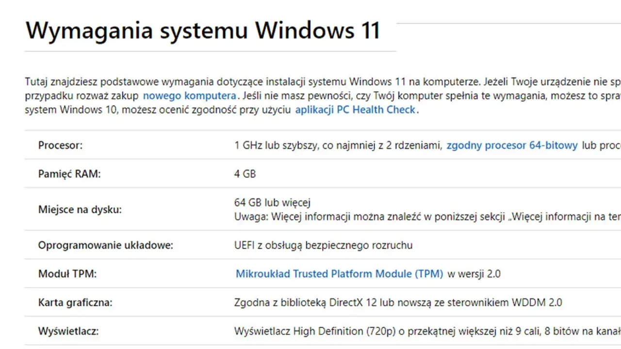 Lista wymagań systemu Windows 11: procesor 1 GHz/2 rdzenie, 4 GB RAM, 64 GB dysku, UEFI, TPM 2.0, DirectX 12.
